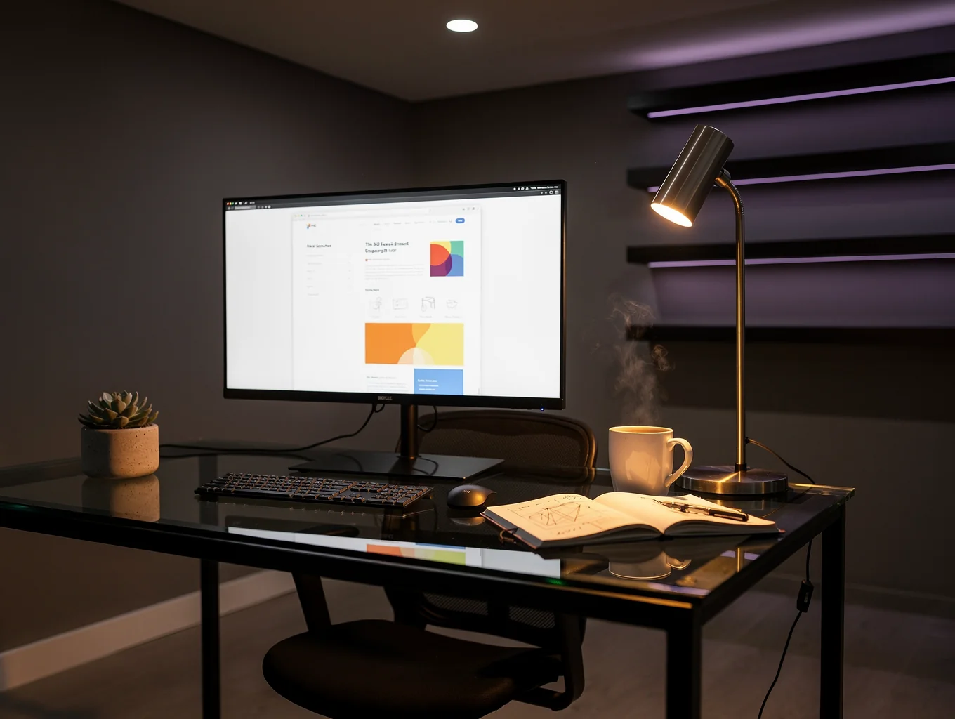 Spațiu de lucru atmosferic într-un studio de creație cu iluminare caldă